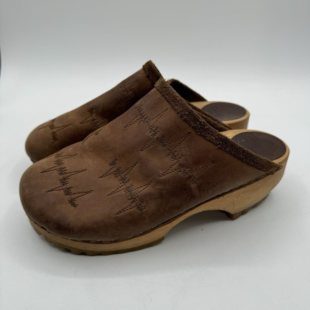 Traesko Shoes Vintage Y2K Stitched Leather Mule Brown Wooden Clog Womens Sz 6
